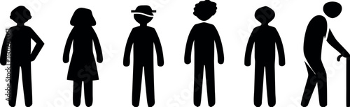 Black silhouette icons show human life cycle stages from youth to old age