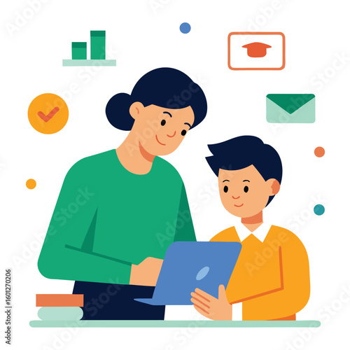 Flat illustration of a parent helping a child with homework isolated on white background