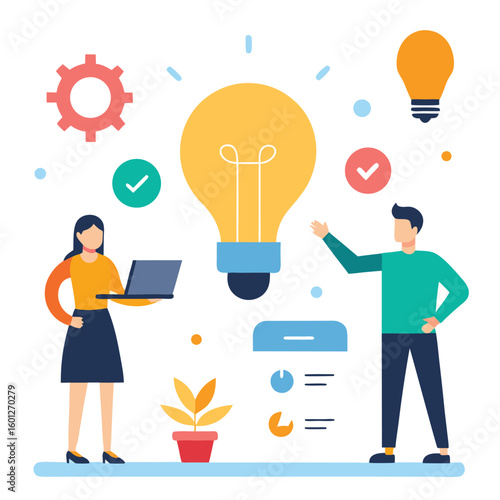 Flat illustration of startup founders launching a new product isolated on white background