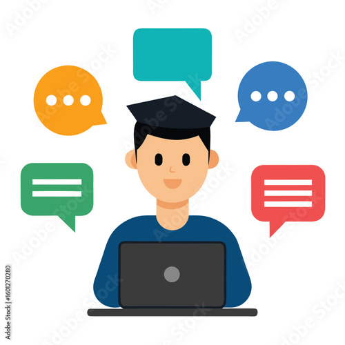 Flat illustration of a student joining an online discussion on a white background isolated on white background