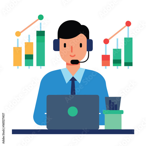 Flat vector illustration of a stockbroker analyzing stock market data isolated on white background