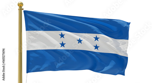 Vibrant flag of Honduras waving in the wind, showcasing its blue and white colors with five stars, symbolizing unity