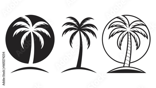 Three stylized palm tree illustrations in black and white