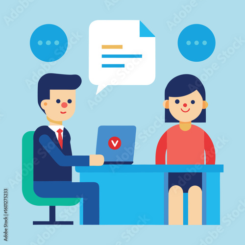 Flat illustration of a job interview scene with a candidate and interviewer isolated on white background