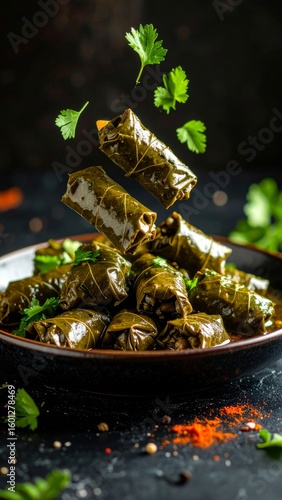 Elegant studio shot of Kurdish Dolma with floating elements and cinematic feel