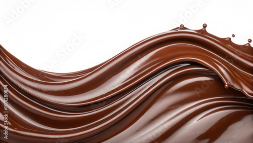 Smooth and glossy chocolate wave flows diagonally with rich texture and shiny surface, evoking sense of indulgence and deliciousness in this high fidelity close up image