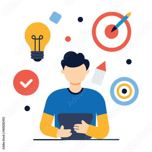 Flat design of a content strategist writing ideas isolated on white background