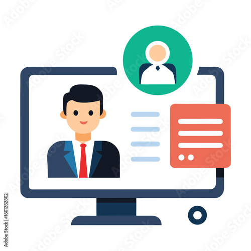 Flat design of a virtual job interview via video call isolated on white background