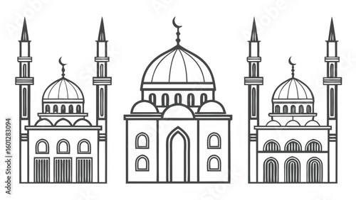 Hand drawn sketch of three  mosques with domes and minarets