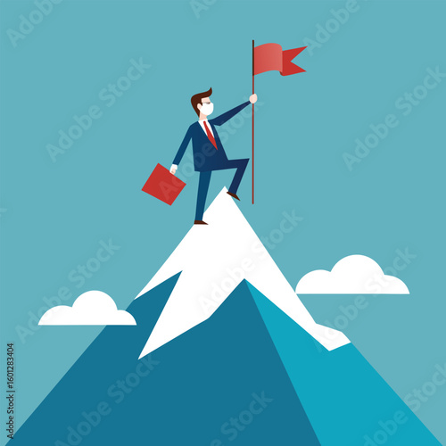 Businessman reaching mountain top holding flag isolated on white background