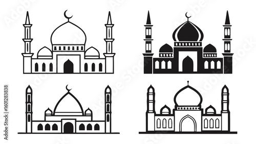 Collection of four mosque architectural illustrations in black and white