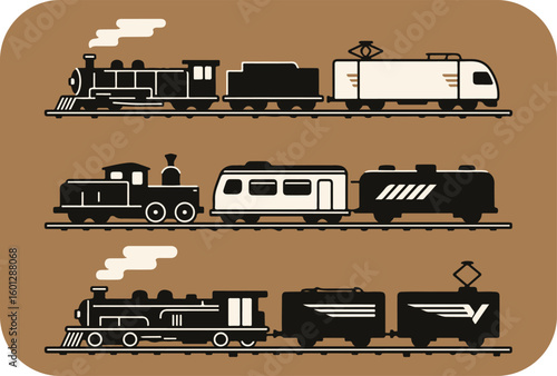 Three distinct vintage and modern train illustrations showcasing steam engines electric locomotives and cargo cars on railway tracks