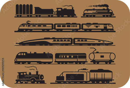 Collection of diverse train silhouettes showcasing historical steam engines modern passenger trains and industrial freight locomotives against a warm brown background