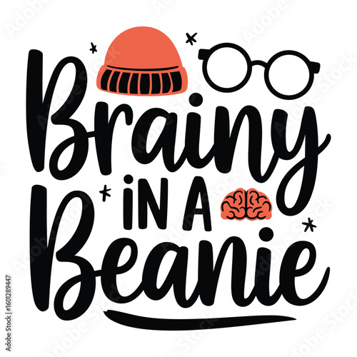 Black text brainy in a beanie with orange beanie and brain illustration