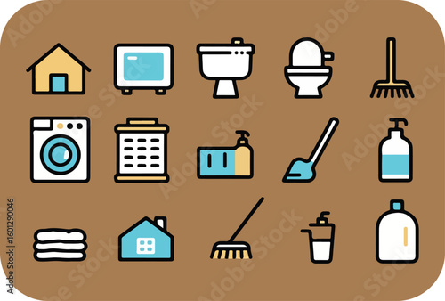 Collection of flat design icons representing home cleaning supplies and household essentials for a tidy living space
