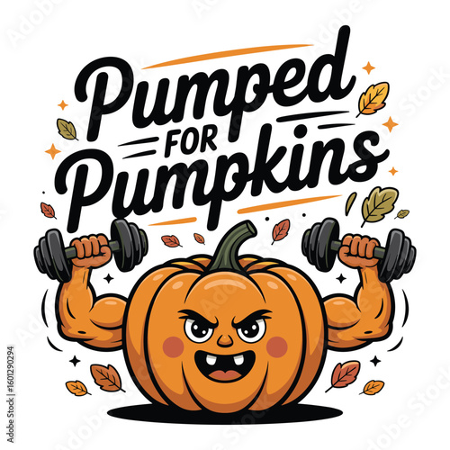 Muscular pumpkin lifting dumbbells with autumn leaves
