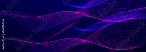 Particle stream. Purple background with many glowing particles. Information technology background. 3d rendering.