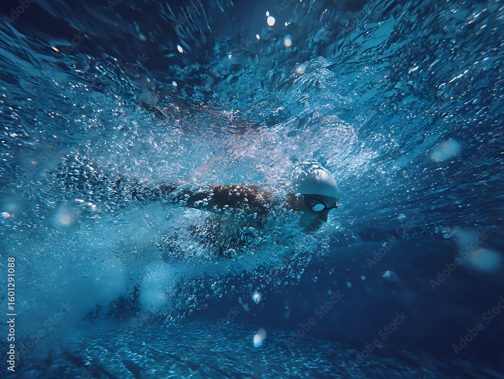 Naklejka premium Underwater view of a person swimming in clear blue water with bubbles