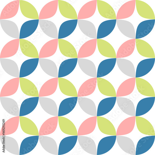 Pattern, geometric abstract featuring softly colored shapes in pink, green, blue and gray in a repeating, modern fabric design.