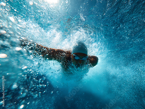 Person swimming underwater surrounded by bubbles and light