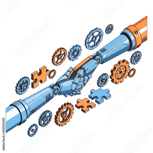 Mechanical handshake with gears symbolizing automation and industrial cooperation.