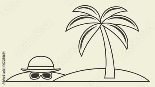 Cartoon character hiding behind a sand dune with sunglasses and a hat on a tropical island with a palm tree