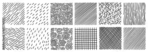 Hand drawn black and white crosshatch textures set with lines dots and grids isolated on white