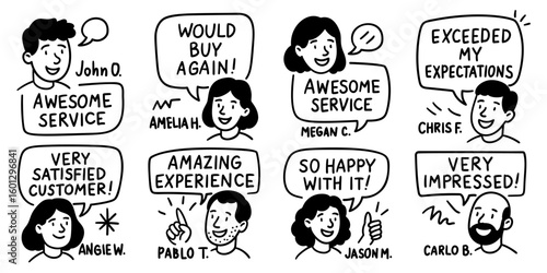 Doodle people set with speech bubbles and review quotes hand drawn characters for testimonial and marketing templates