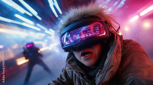 Girl Exploring Immersive VR World in Futuristic Setting