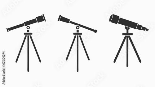 Three silhouette telescopes on tripod stands against a white background