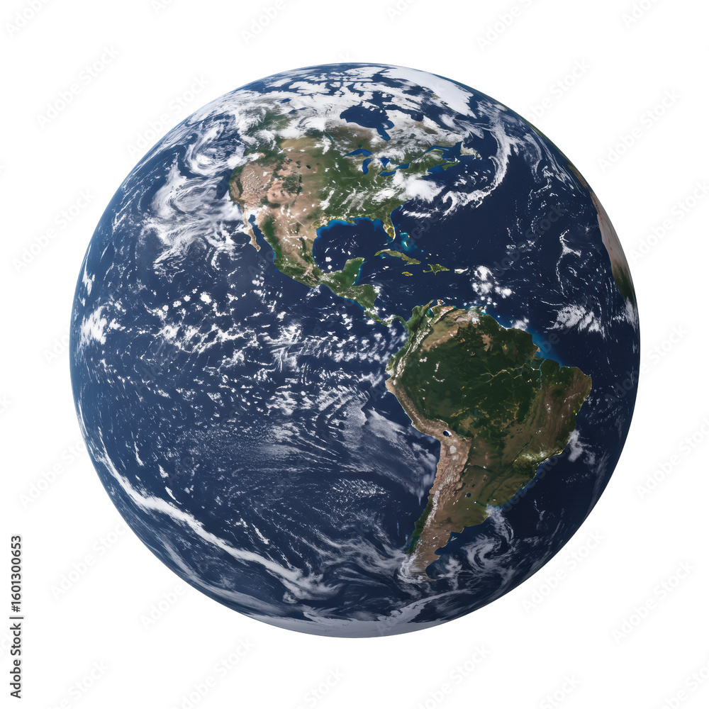 Obraz premium Ultra-realistic planet earth with prominent north and south america, detailed landmasses, vibrant oceans, dynamic swirling white clouds, isolated on a transparent background with no shadows.