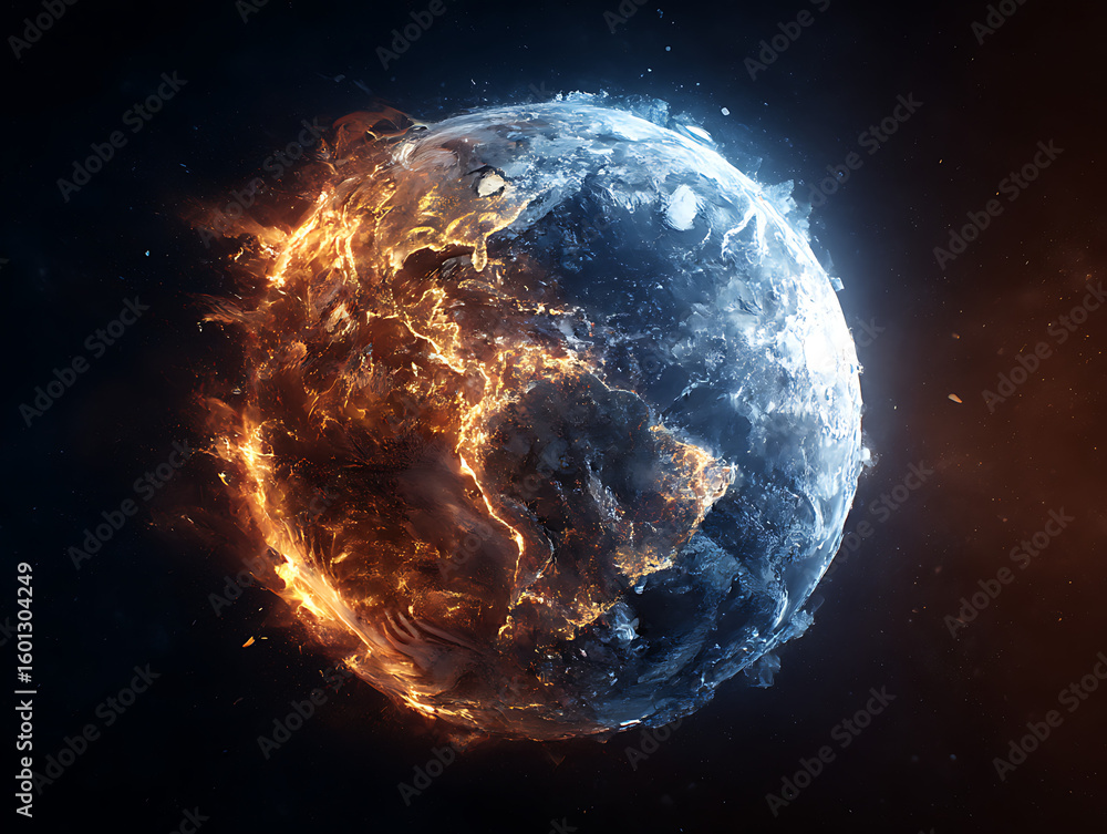 Obraz premium Fiery and icy planet with contrasting elements in deep space