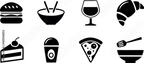 Black silhouette icons showcase diverse food and drink options in a simple
