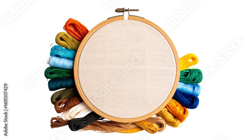 Hand embroidery hoop in progress with colorful threads and needle – hobby and mindfulness isolated on transparent background.