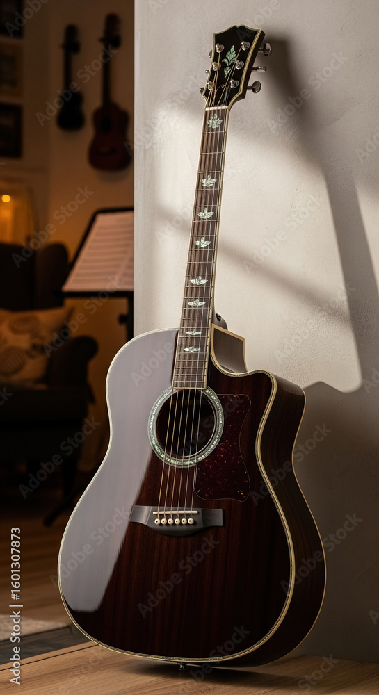 Fototapeta premium A guitar leaning against a wall.