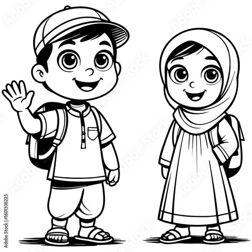 Happy Muslim Boy and Girl Waving and Smiling