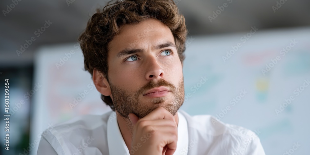 Obraz premium Contemplative young caucasian male in thoughtful pose with blurred background