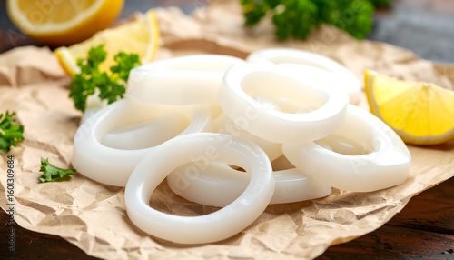 Fresh squid rings on parchment paper with lemon and parsley
