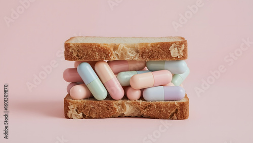 Stacked Capsule Sandwich on Pastel Background – Diet Commentary Visual