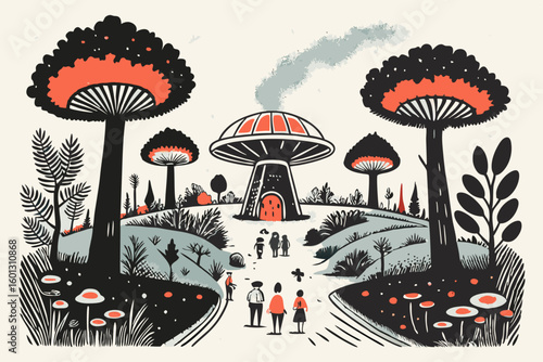 Futuristic Landscape with Retro Style: Families Explore a Surreal World of Giant Trees and Dome Architecture