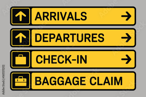 Yellow airport signs showing arrivals departures check in and baggage claim information signs