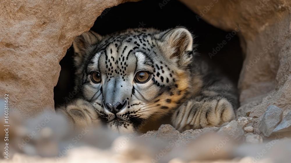 Fototapeta premium Snow Leopard Cub Peering Out From Den