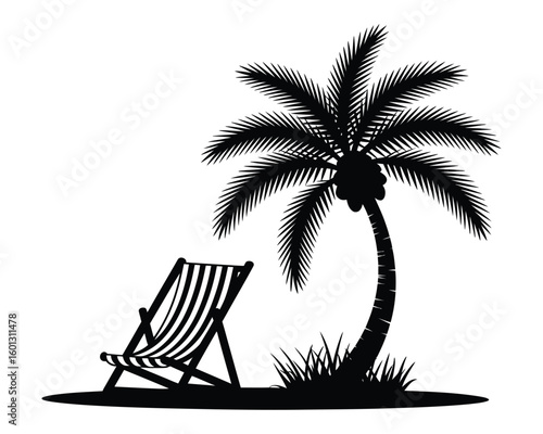tropical beach silhouette with chair and tree