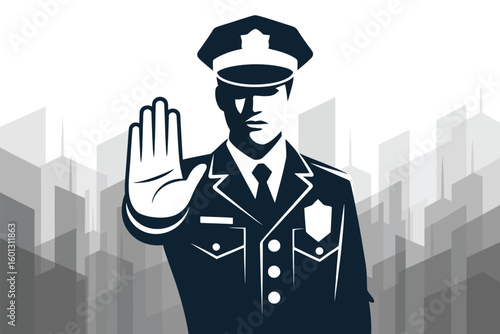 A police officer in uniform with hand raised in a stop gesture in front of a city skyline graphic