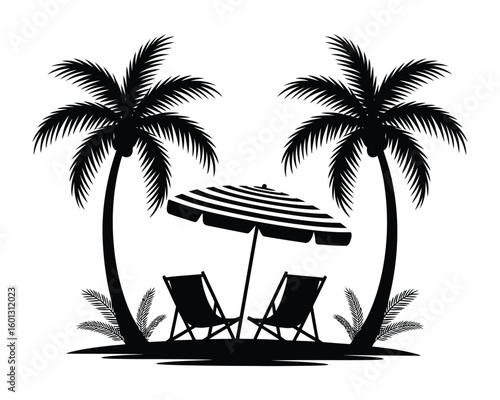 tropical beach scene with palm tree silhouettes