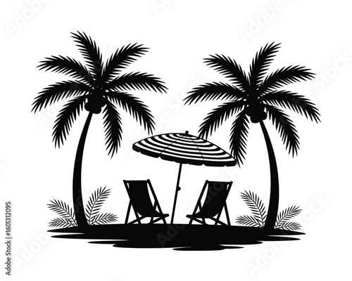 silhouette of beach chairs under umbrella