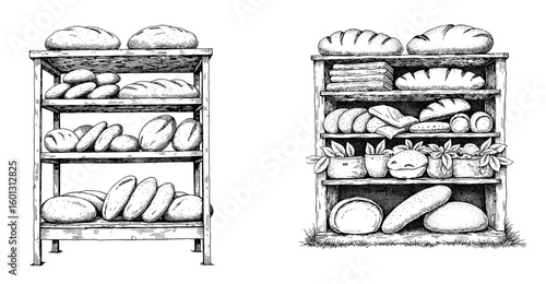 Vintage black pen sketch close up of shelves with bread  