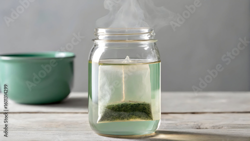 Pastel green tea sachet mockup steam glass jar