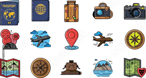 Colorful Travel Icons: Vacation, Adventure & Exploration