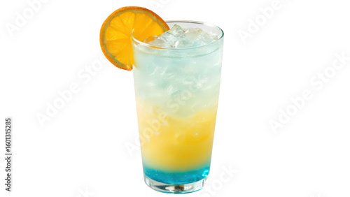 Tall glass filled with colorful layered tropical cocktail garnished with orange slice isolated on transparent background